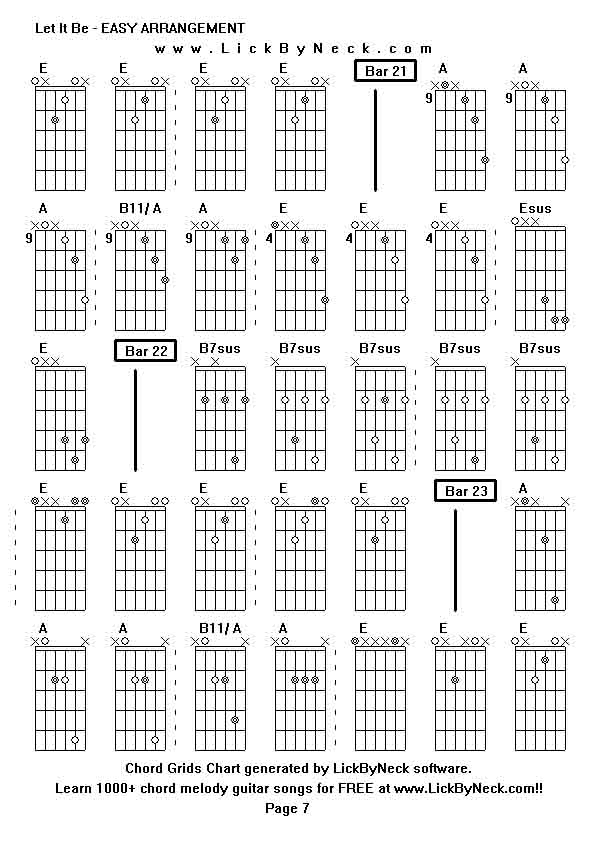 Chord Grids Chart of chord melody fingerstyle guitar song-Let It Be - EASY ARRANGEMENT,generated by LickByNeck software.